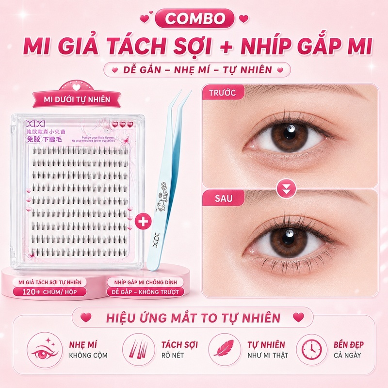XIXI Combo Mi Giả Tách Sợi Tự Nhiên 120+ Chùm Kèm Nhíp Gắp Mi Chống Dính Dễ Gắn GJ225+JM50