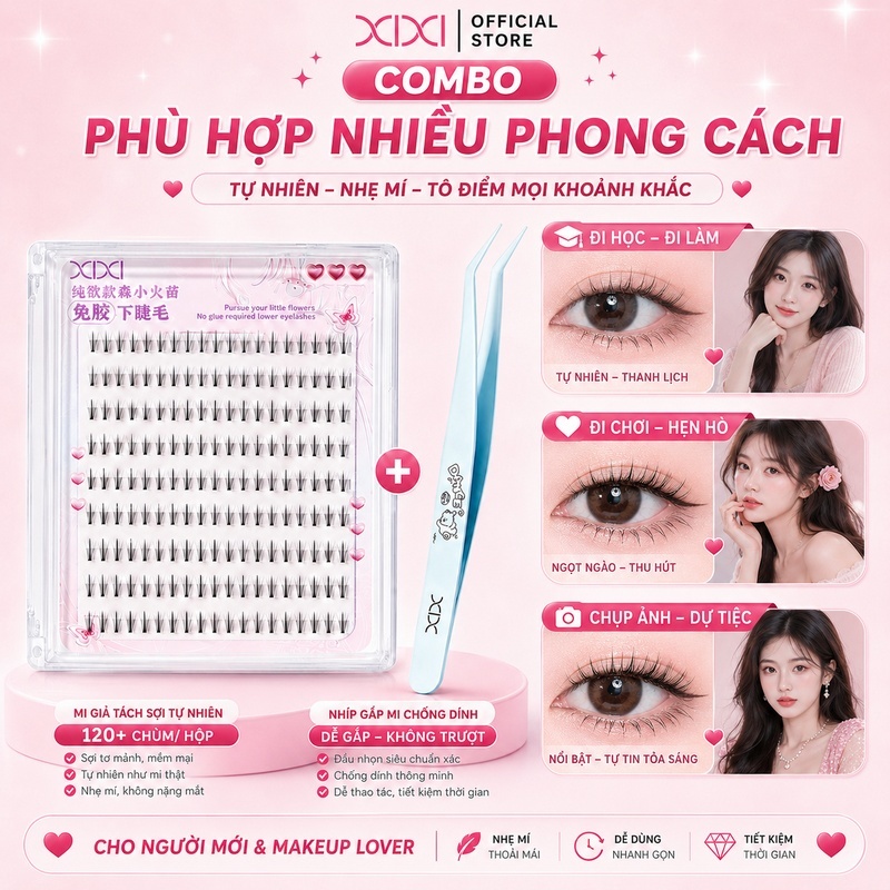 XIXI Combo Mi Giả Tách Sợi Tự Nhiên 120+ Chùm Kèm Nhíp Gắp Mi Chống Dính Dễ Gắn GJ225+JM50