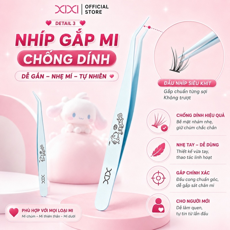XIXI Combo Mi Giả Tách Sợi Tự Nhiên 120+ Chùm Kèm Nhíp Gắp Mi Chống Dính Dễ Gắn GJ225+JM50