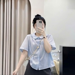 Áo sơ mi kẻ sọc nhỏ cộc tay dáng rộng chất đũi nhẹ mát dành cho nữ