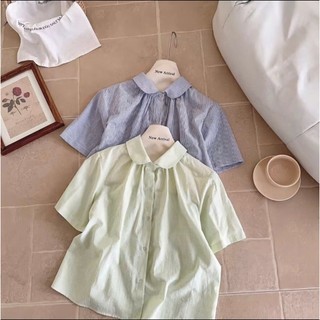 Áo sơ mi kẻ sọc nhỏ cộc tay dáng rộng chất đũi nhẹ mát dành cho nữ