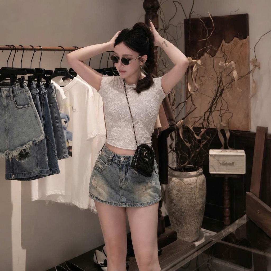 Quần Short Jean Nữ Rách Bụi Bặm, Quần Đùi Bò Dáng Ngắn Sexy Hack Chân Màu Xanh Wash Vintage.