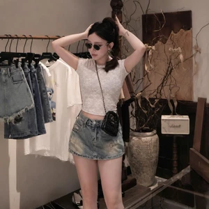 Quần Short Jean Nữ Rách Bụi Bặm, Quần Đùi Bò Dáng Ngắn Sexy Hack Chân Màu Xanh Wash Vintage.