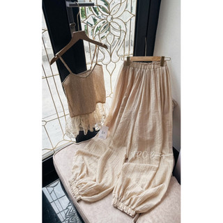 Set Áo Tơ Ren Xoè 2 Dây Mix Quần Bo QC