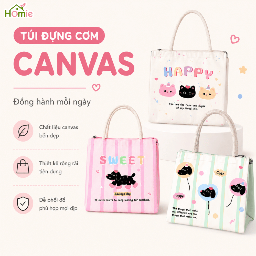 Túi Đựng Cơm Giữ Nhiệt Canvas Họa Tiết Dễ Thương HOMIE, Túi Đựng Cơm Văn Phòng, Đi Học, Picnic