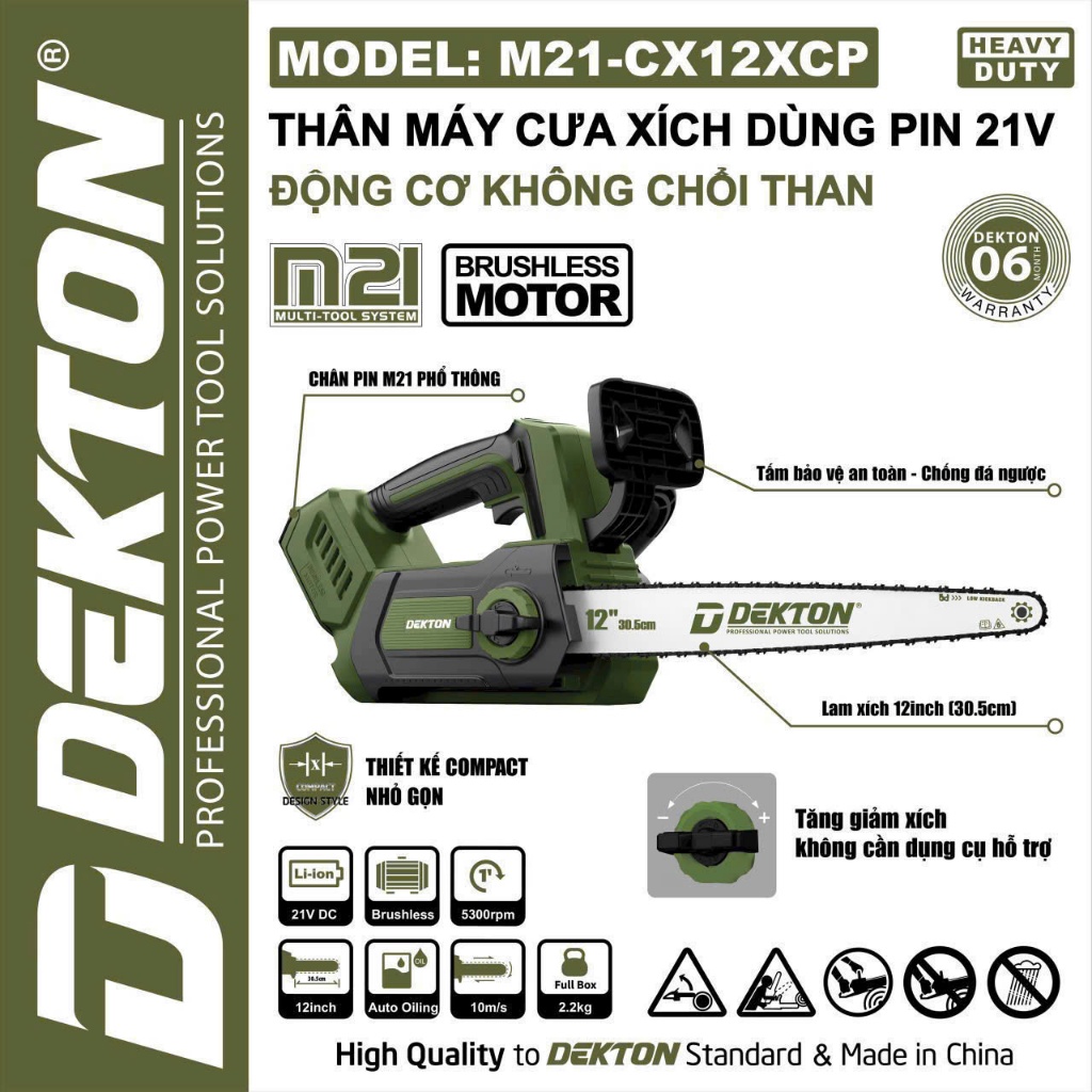 Thân Máy Cưa Xích 12inch Dùng Pin DEKTON M21-CS12CP / Motor Không Chổi Than