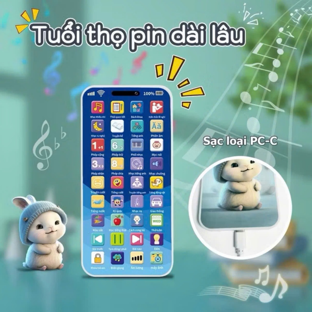 Điện Thoại Đồ Chơi Tiếng Việt Nội Dung Phong Phú – Phát Nhạc Thiếu Nhi, Giúp Bé Vui Học & Ngủ Ngon, Có kèm sạc