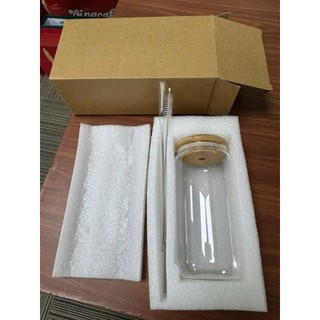 Ly Thủy Tinh Chịu Nhiệt Nắp Tre 500ml Trong Suất, Có Ống Hút Thủy Tinh, Tặng Cọ Vệ Sinh Ống Hút