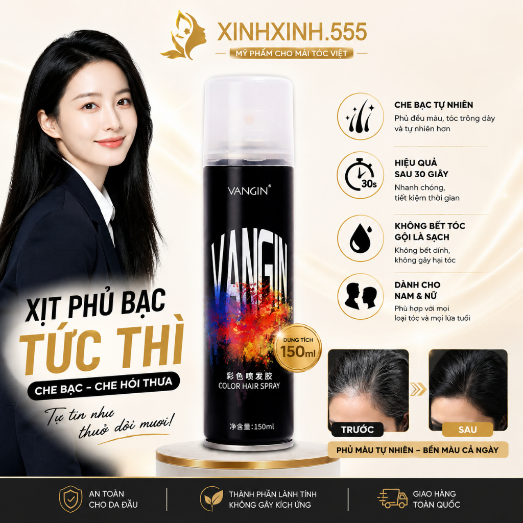 VANGIN Xịt Nhuộm Tóc Tạm Thời, Che Tóc Bạc Nhanh, Lên Màu Thời Trang, Dễ Gội Sạch, nam nữ.