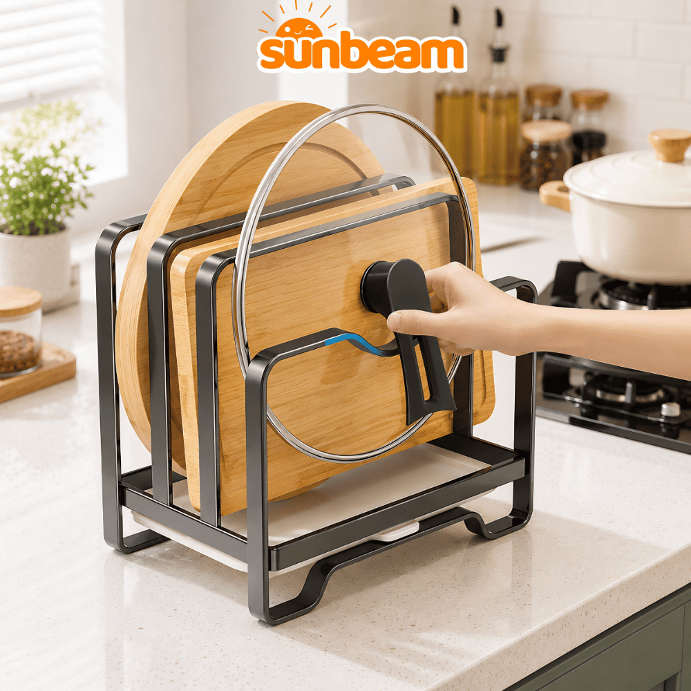 Kệ Cài Nắp Vung Nồi Thép Carbon Chống Gỉ SUNBEAM, Giá Để Thớt Đa Năng Kèm Khay Thoát Nước, Gọn Gàng