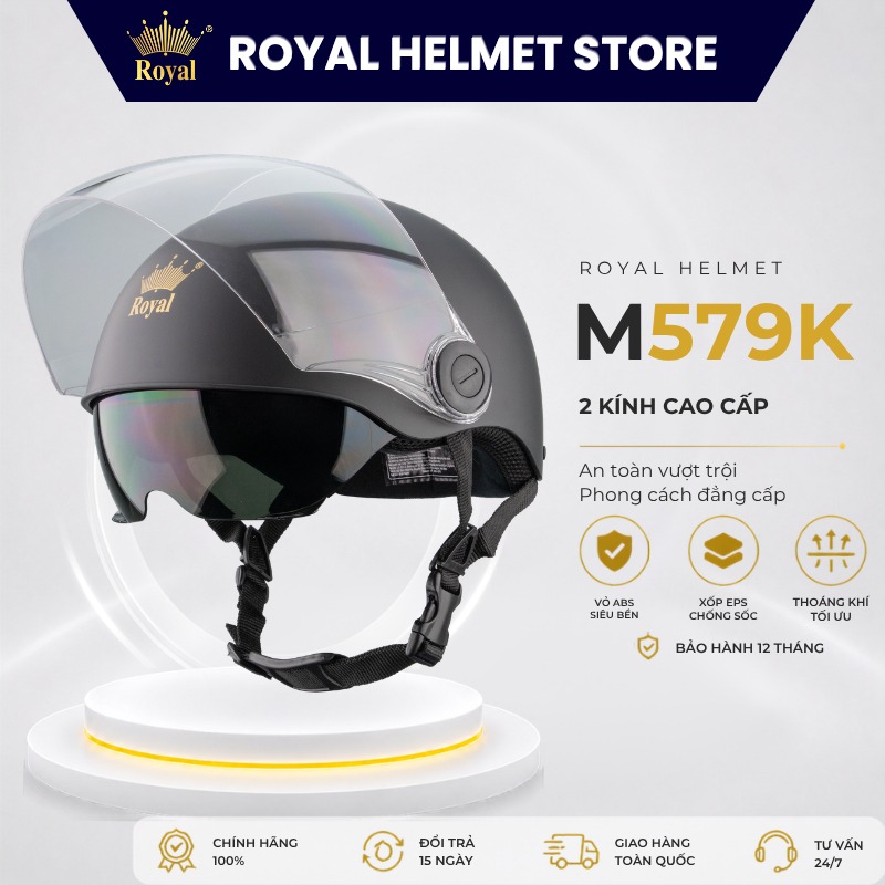 Mũ Bảo Hiểm Nửa Đầu Royal M579K Chính Hãng Nam Nữ, Mũ Bảo Hiểm Royal 2 Kính Âm Có Kính Chắn Gió