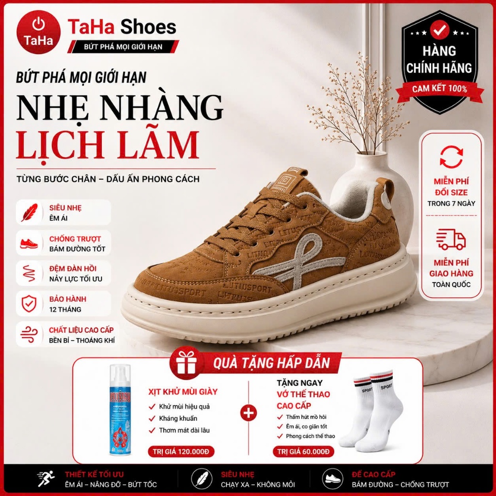 Giày Sneaker Lituo Sport Casual Unisex Nâu Kem - PH0036