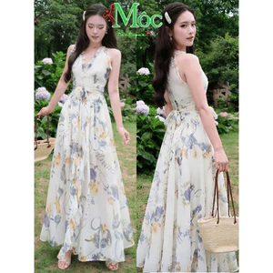 Đầm váy dài, Đầm maxi Voan Hoa cộc tay cổ V phối bèo có mút ngực kèm phụ kiện hoa (QC)