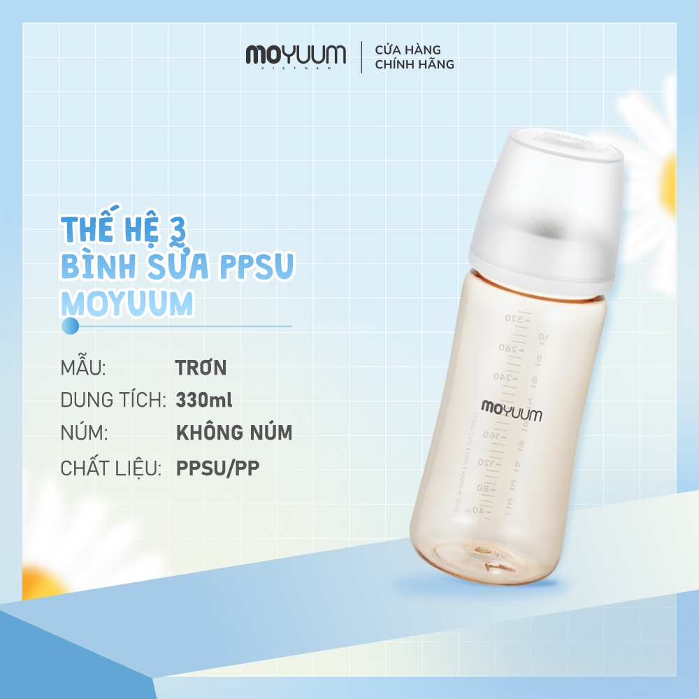 Bình sữa PPSU Moyuum - Mẫu trơn - Thế hệ 3 - 330ml - KHÔNG NÚM