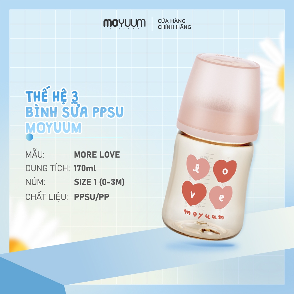 Bình sữa PPSU Moyuum - Mẫu tim - Thế hệ 3 - 170ml - Kèm núm 1 (1m+)