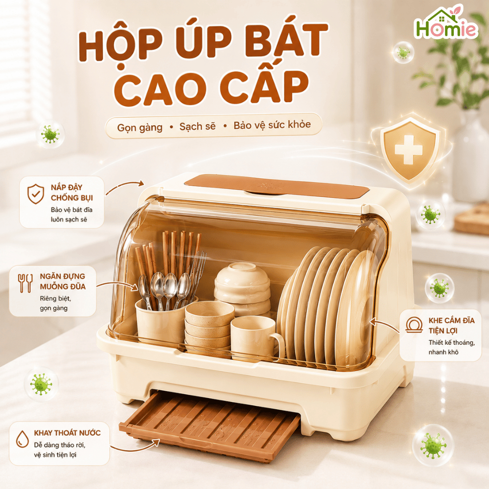 Hộp Đựng Chén Bát Cỡ Lớn Có Nắp Đậy Kín Chống Bụi HOMIE, Giá Úp Bát Đĩa Có Khay Đựng Đũa Thông Minh