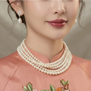 N870 choker dây chuyền hạt ngọc trai nhân tạo 5 sợi, dây chuyền mang áo dài, thiết kế dây chuyền ngọc trai