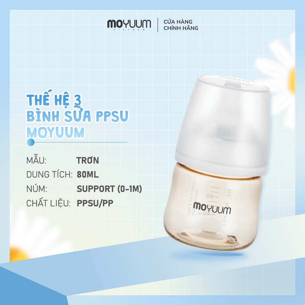 Bình sữa PPSU Moyuum - Mẫu trơn - Thế hệ 3 - 80ml - Kèm núm support (0m+)
