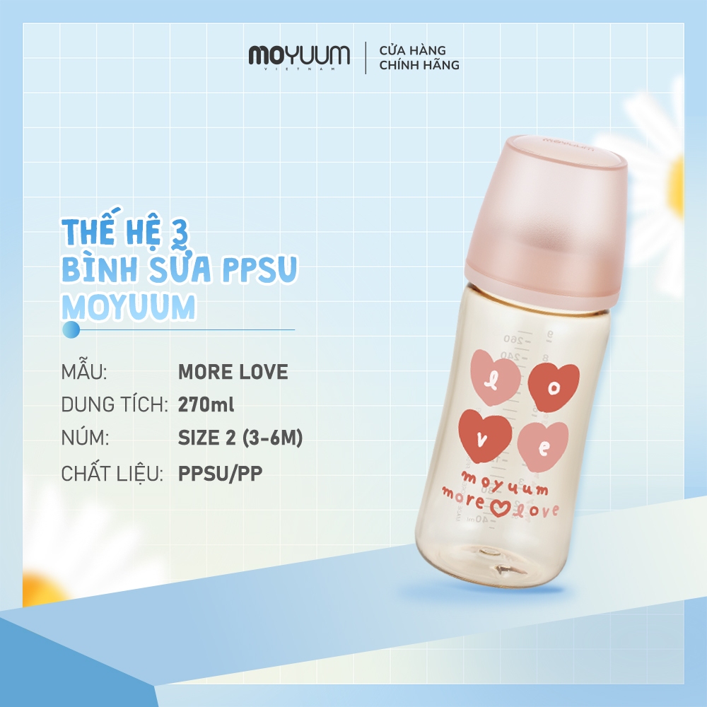 Bình sữa PPSU Moyuum - Mẫu tim - Thế hệ 3 - 270ml - Kèm núm 2 (3m+)