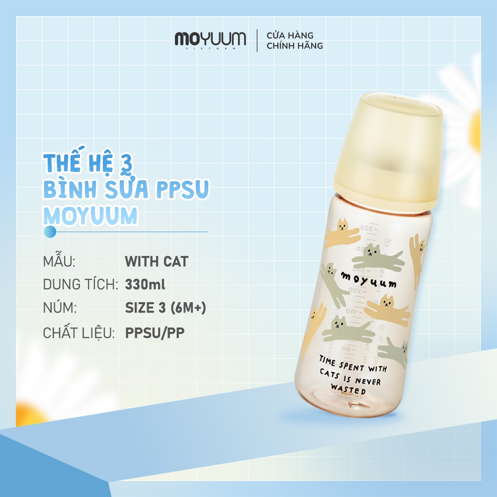 Bình sữa PPSU Moyuum - Mẫu mèo - Thế hệ 3 - 330ml - Kèm núm 3 (6m+)