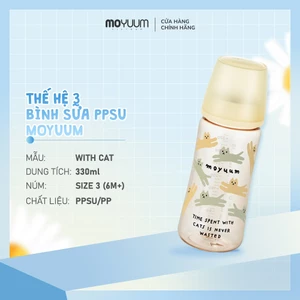 Bình sữa PPSU Moyuum - Mẫu mèo - Thế hệ 3 - 330ml - Kèm núm 3 (6m+)