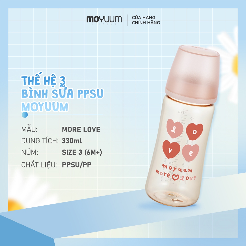 Bình sữa PPSU Moyuum - Mẫu tim - Thế hệ 3 - 330ml - Kèm núm 3 (6m+)