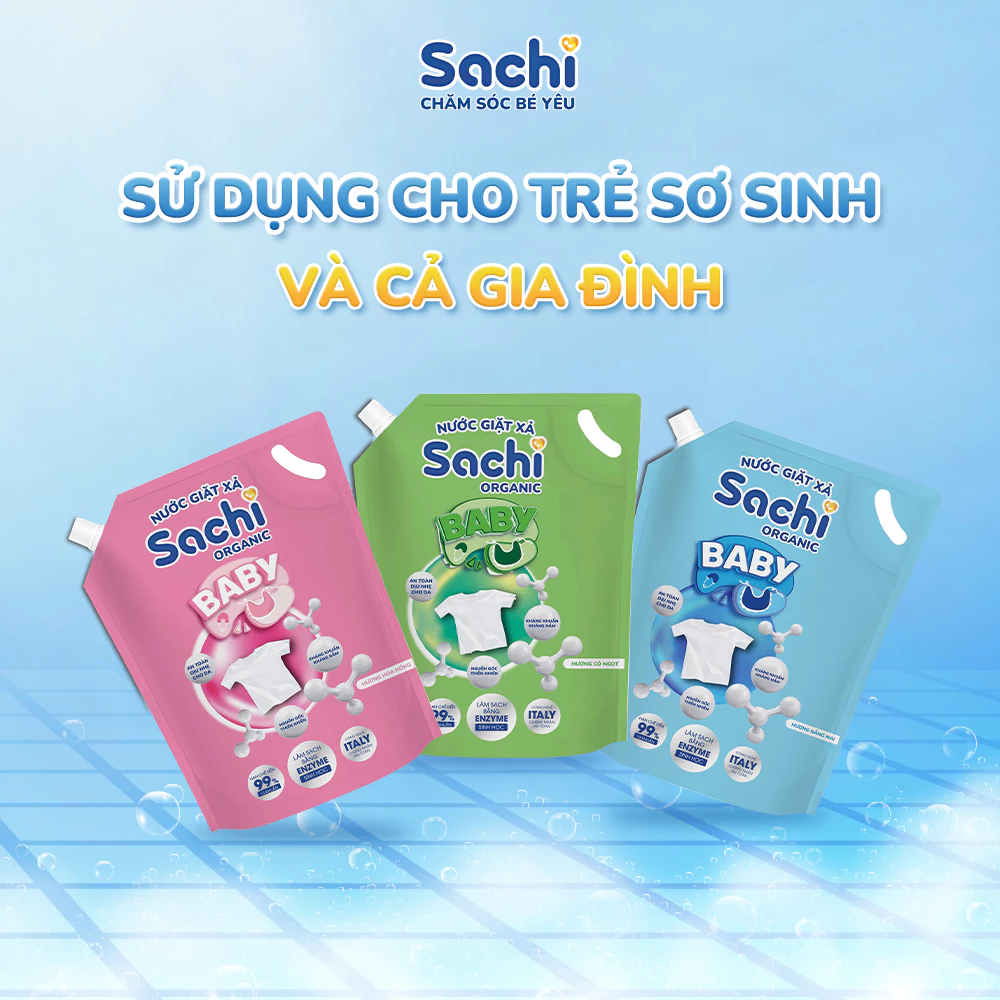 Nước Giặt Xả Cho Bé Sachi Organic Hương Thơm Dịu Nhẹ, Làm Sạch Vết Bẩn - Túi 3.2kg