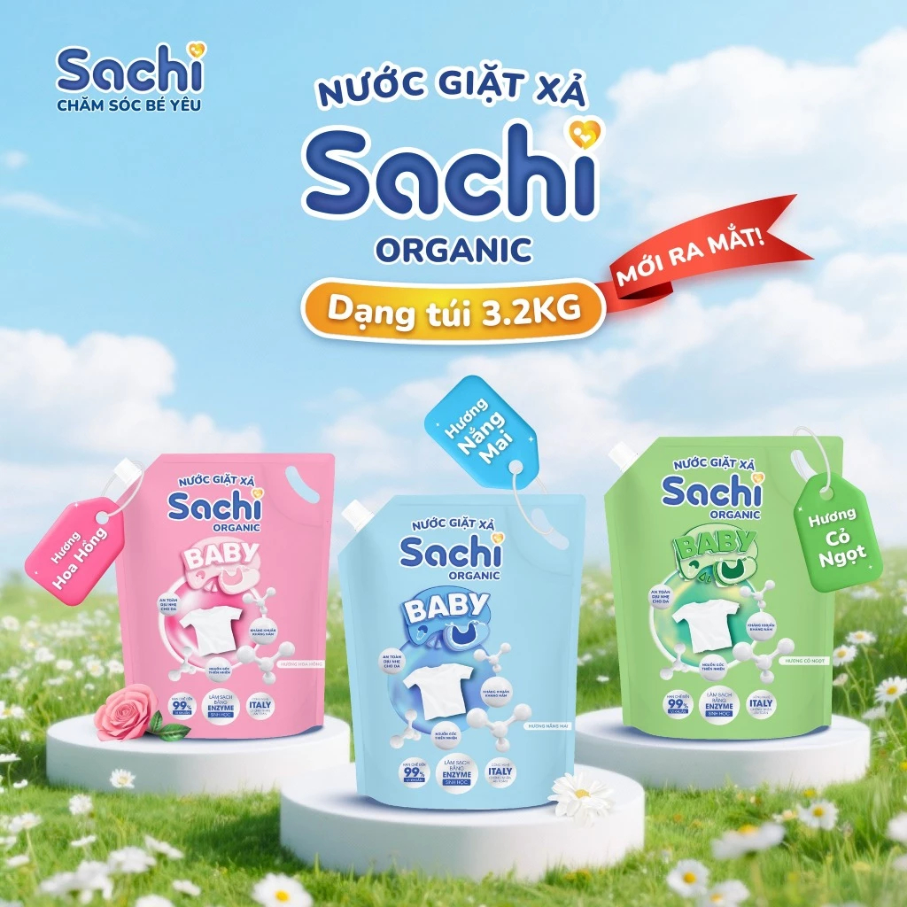 Nước Giặt Xả Cho Bé Sachi Organic Hương Thơm Dịu Nhẹ, Làm Sạch Vết Bẩn - Túi 3.2kg