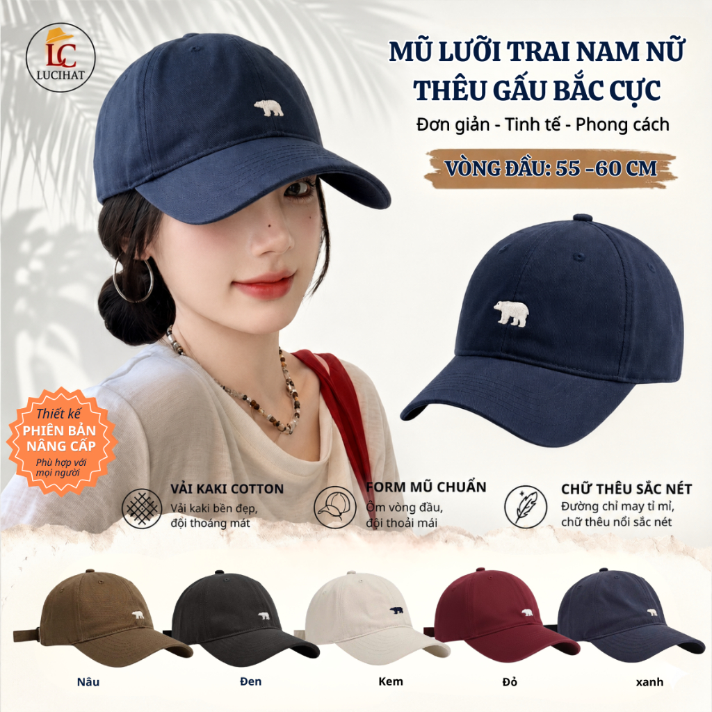 Mũ lưỡi trai LUCIHAT thêu chữ hình gấu thời trang nam nữ, nón lưỡi trai chất vải kaki cao cấp phong cách Hàn Quốc