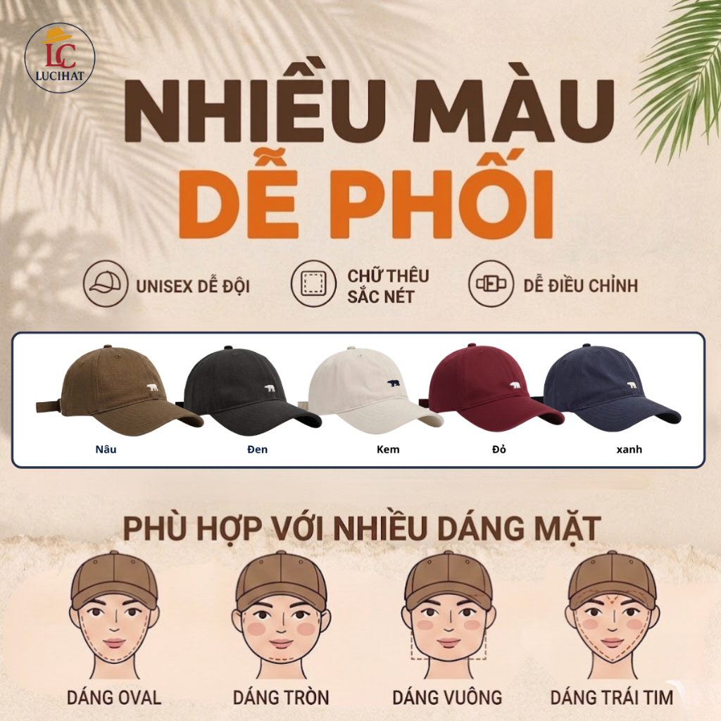 Mũ lưỡi trai LUCIHAT thêu chữ hình gấu thời trang nam nữ, nón lưỡi trai chất vải kaki cao cấp phong cách Hàn Quốc