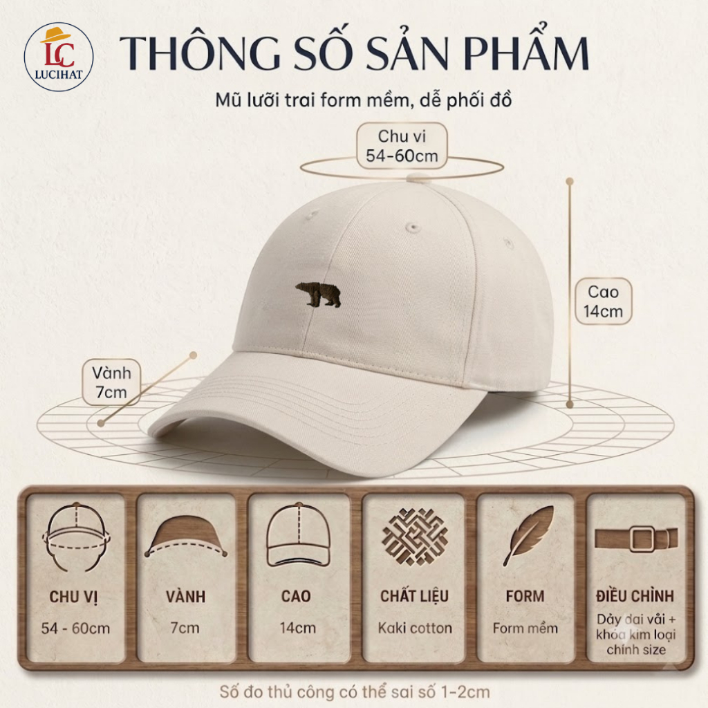Mũ lưỡi trai LUCIHAT thêu chữ hình gấu thời trang nam nữ, nón lưỡi trai chất vải kaki cao cấp phong cách Hàn Quốc