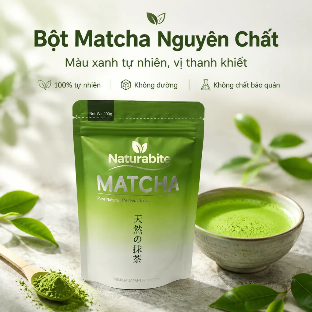 Naturabite Bột Matcha Uji Cao Cấp 100g Không Đường Bột Mịn Không Vón Cục Hỗ Trợ Giảm Mỡ Làm Đẹp Da