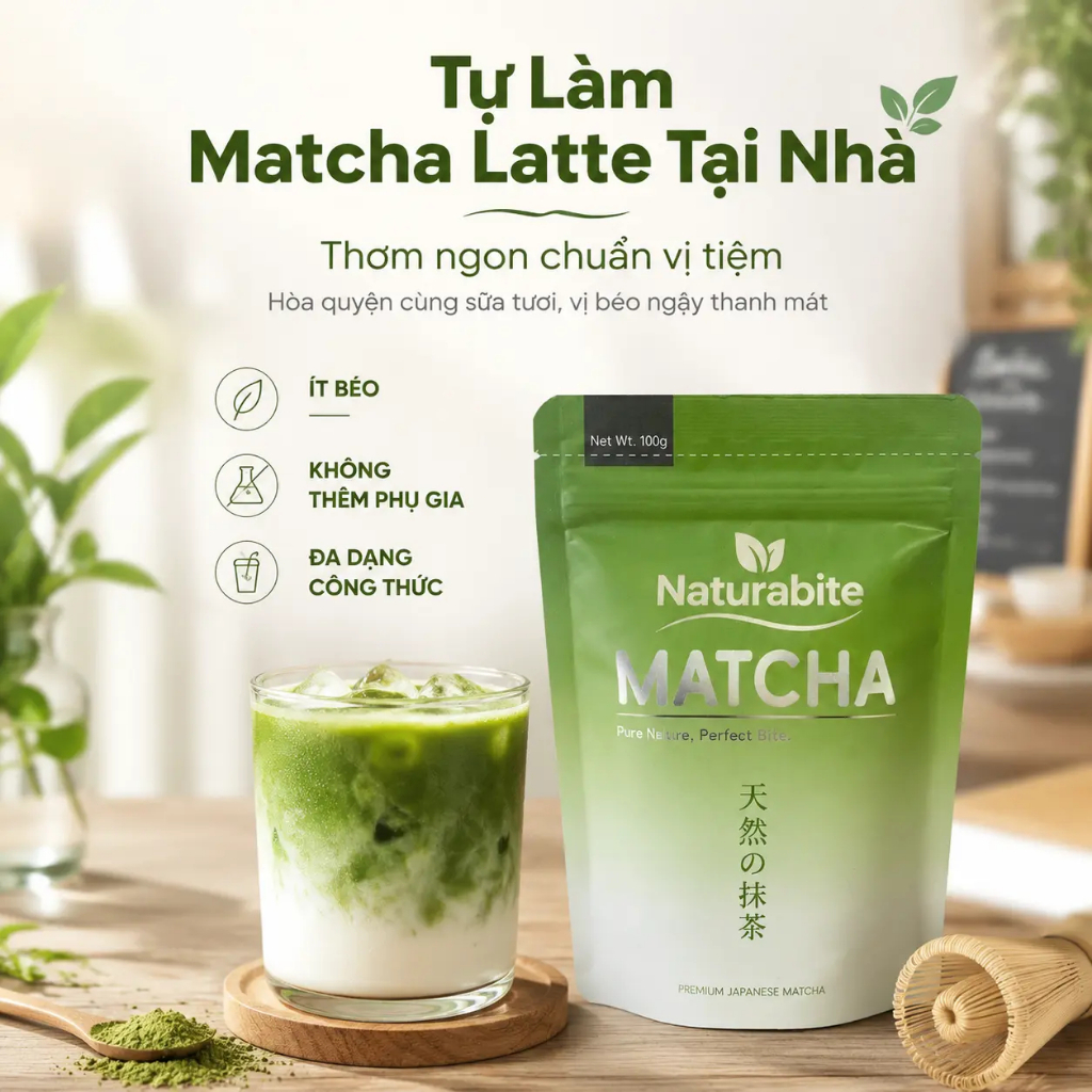 Naturabite Bột Matcha Uji Cao Cấp 100g Không Đường Bột Mịn Không Vón Cục Hỗ Trợ Giảm Mỡ Làm Đẹp Da