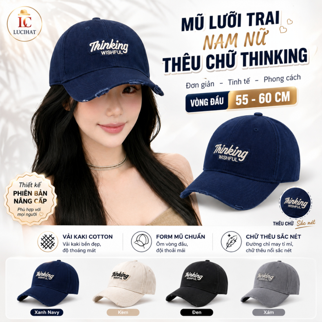 Mũ Lưỡi Trai Nam Nữ Thêu THINKING Form Chuẩn Vải Kaki Cao Cấp Unisex Vintage Nón Kết Thời Trang