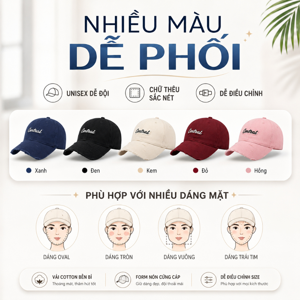 Mũ lưỡi trai thêu chữ Central thời trang, nón kết vải kaki mềm mịn, nón lưỡi trai nam nữ form cứng