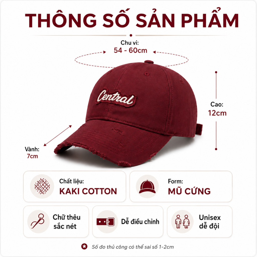 Mũ lưỡi trai thêu chữ Central thời trang, nón kết vải kaki mềm mịn, nón lưỡi trai nam nữ form cứng