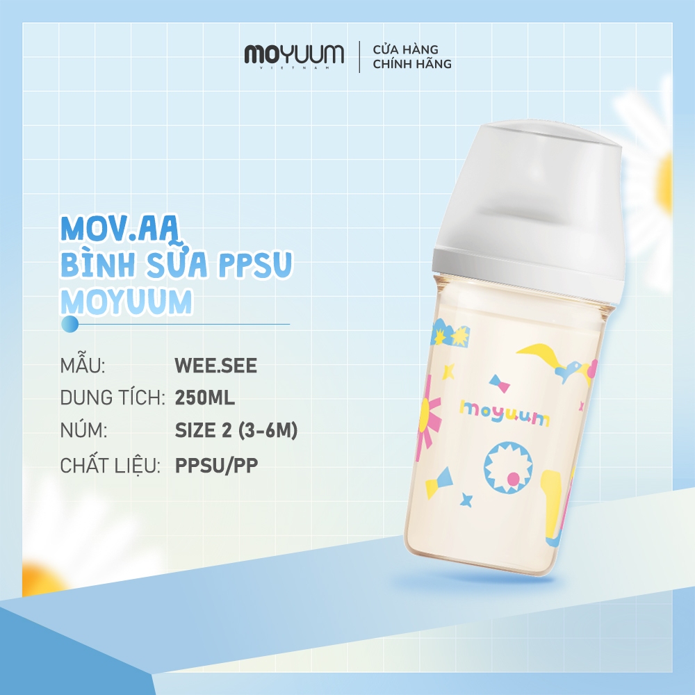 Bình sữa Moyuum PPSU Mov.aa - 250ml - Bản họa tiết - Màu trắng