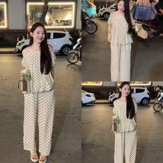 Set áo kiểu nữ babydoll chấm bi trễ vai kèm quần dài form dưới 60kg