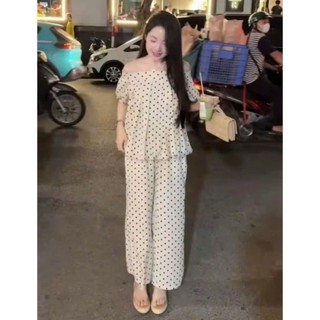 Set áo kiểu nữ babydoll chấm bi trễ vai kèm quần dài form dưới 60kg