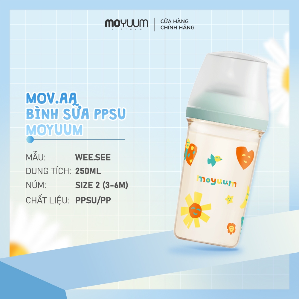 Bình sữa Moyuum PPSU Mov.aa - 250ml - Bản họa tiết - Màu xanh mint