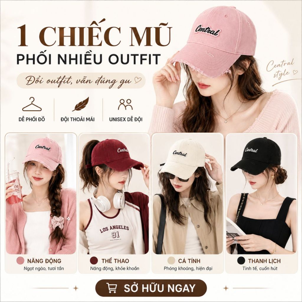 Mũ lưỡi trai thêu chữ Central thời trang, nón kết vải kaki mềm mịn, nón lưỡi trai nam nữ form cứng