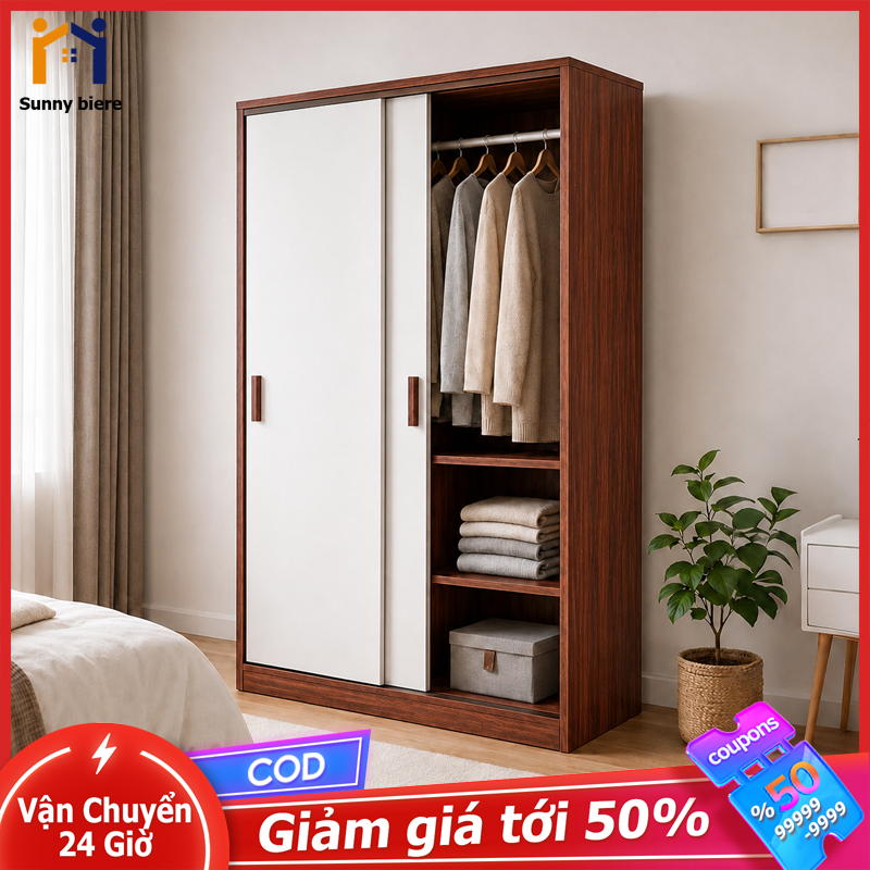 Tủ quần áo cửa lùa màu óc chó Thiết kế cỡ lớn Nhiều ngăn treo xếp Hợp phòng ngủ nhỏ 𝙎𝙐𝙉𝙉𝙔 𝘽𝙄𝙀𝙍𝙀