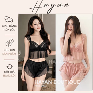 HT142 Bộ ngủ 2s sexy cánh tiên croptop kèm ĐẸM LÓT,đồ ngủ lụa phối ren tôn dáng HT142