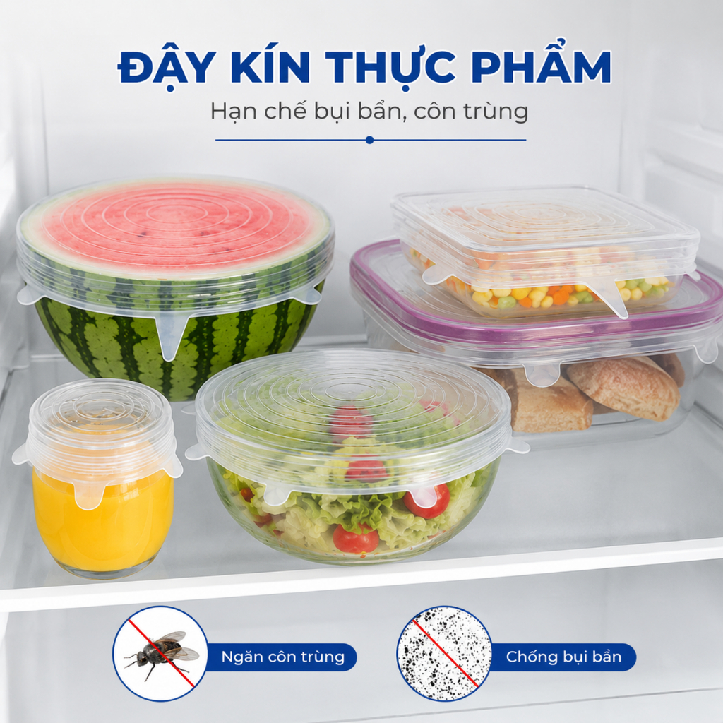 Set 6 Nắp Đậy Bảo Quản Thực Phẩm Silicon Trong Suốt Đa Năng Co Giãn Tái Sử Dụng