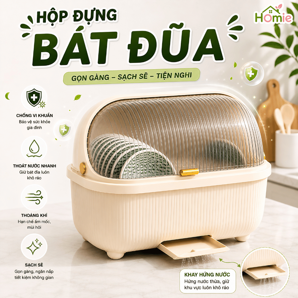 Hộp Đựng Chén Bát Đĩa Nhựa PP Có Nắp Đậy HOMIE, Hộp Bát Chống Côn Trùng, Bụi Bẩn Có Khay Thoát Nước