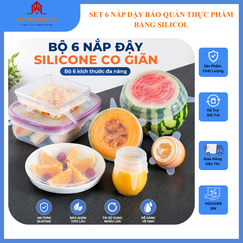 Set 6 Nắp Đậy Bảo Quản Thực Phẩm Silicon Trong Suốt Đa Năng Co Giãn Tái Sử Dụng