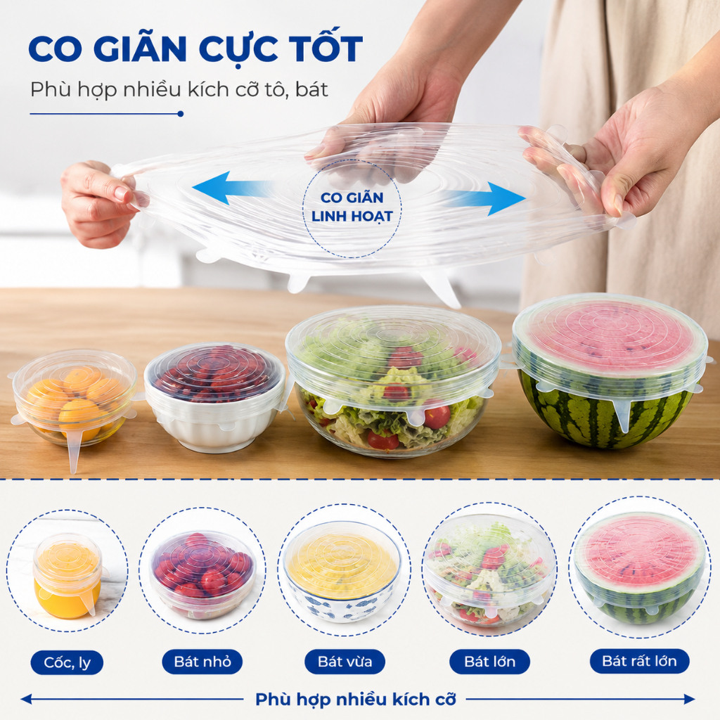 Set 6 Nắp Đậy Bảo Quản Thực Phẩm Silicon Trong Suốt Đa Năng Co Giãn Tái Sử Dụng