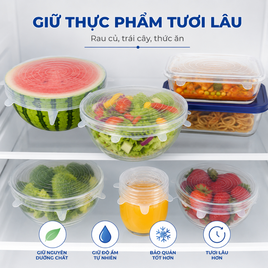 Set 6 Nắp Đậy Bảo Quản Thực Phẩm Silicon Trong Suốt Đa Năng Co Giãn Tái Sử Dụng