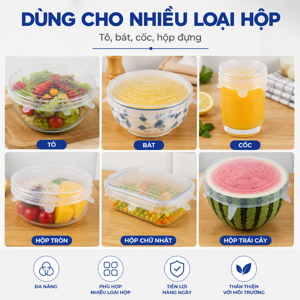 Set 6 Nắp Đậy Bảo Quản Thực Phẩm Silicon Trong Suốt Đa Năng Co Giãn Tái Sử Dụng