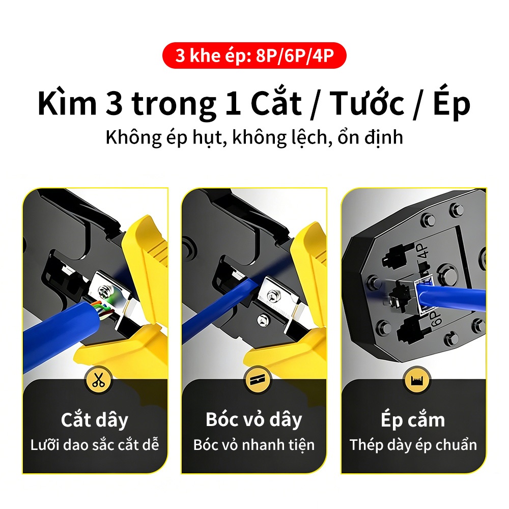 Kìm Bấm Mạng RJ45 RJ11 RJ12 Đa Năng 3 Trong 1 Cắt Dây Tuốt Dây Ép Hạt Mạng